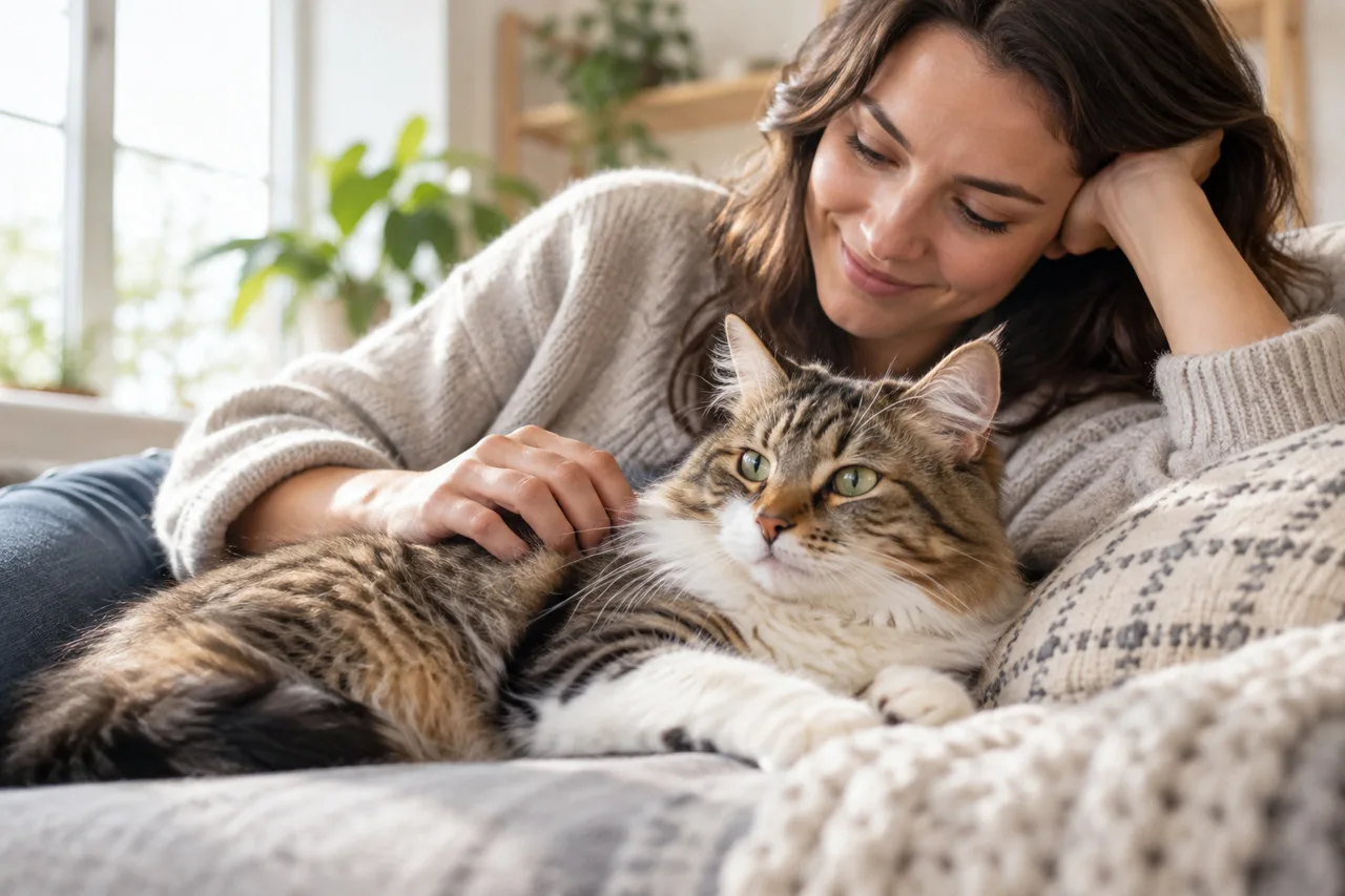 Owner sitting beside a tabby cat at home