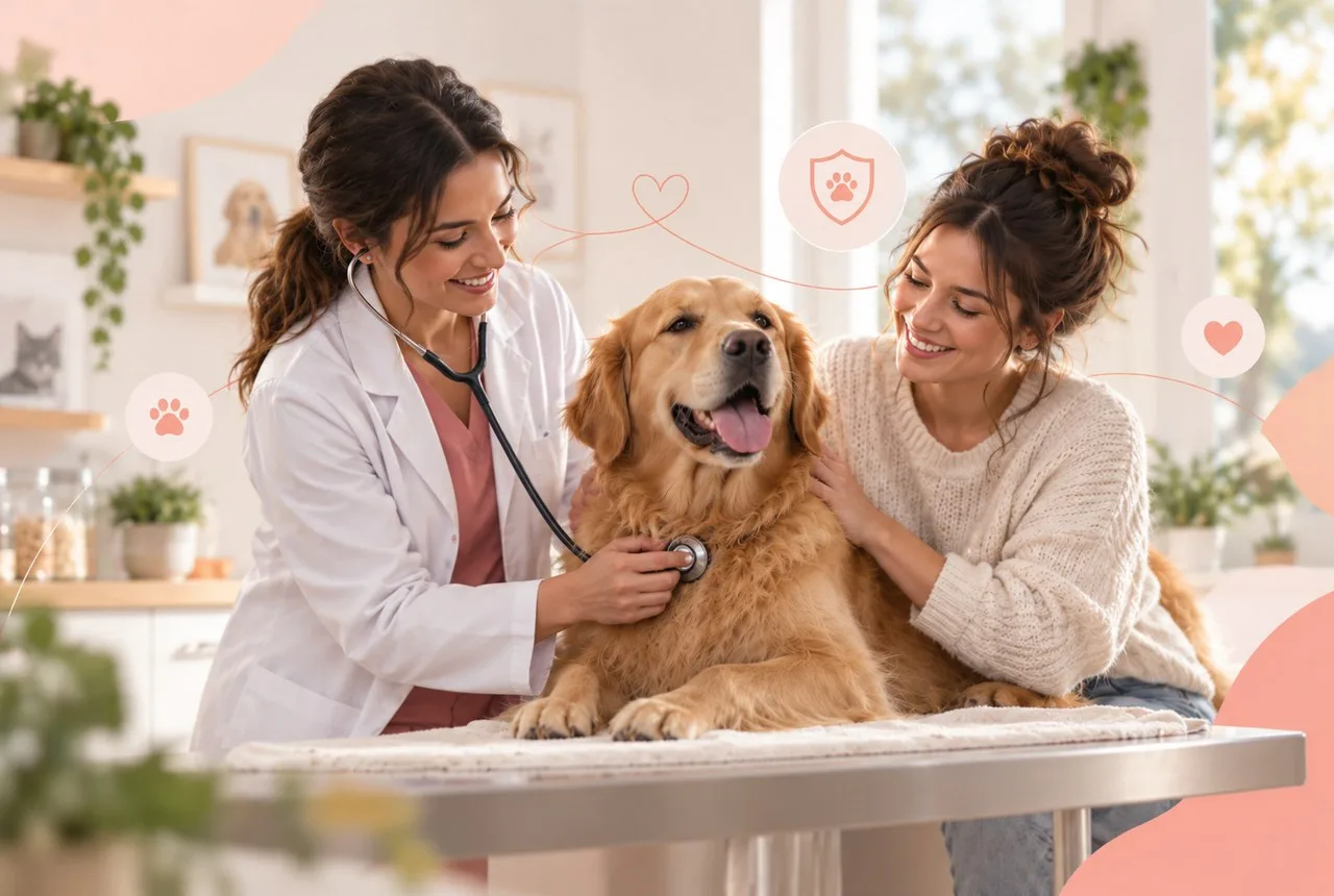 Veterinarian examining a dog while the owner stays beside it